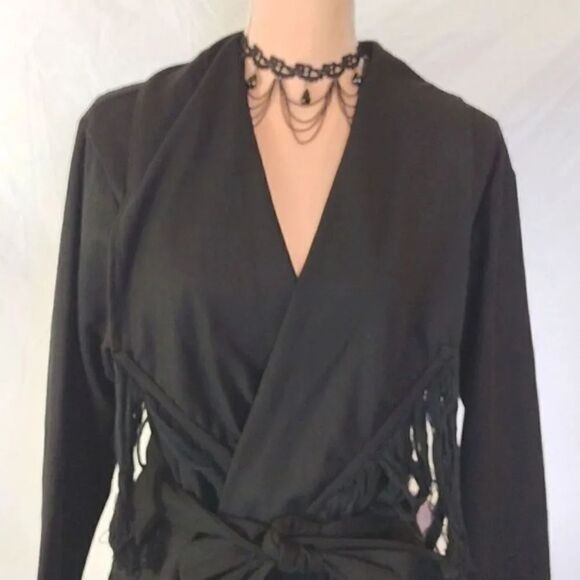 Y2K Black Western Chic Front Fringe Waterfall Belted Midi Jacket Small NWT - Picture 3 of 17